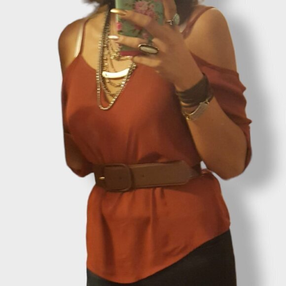 MERAKI Cold Shoulder Blouse Chiffon 3/4 Sleeve Cinnamon Color Size Small - Picture 10 of 10